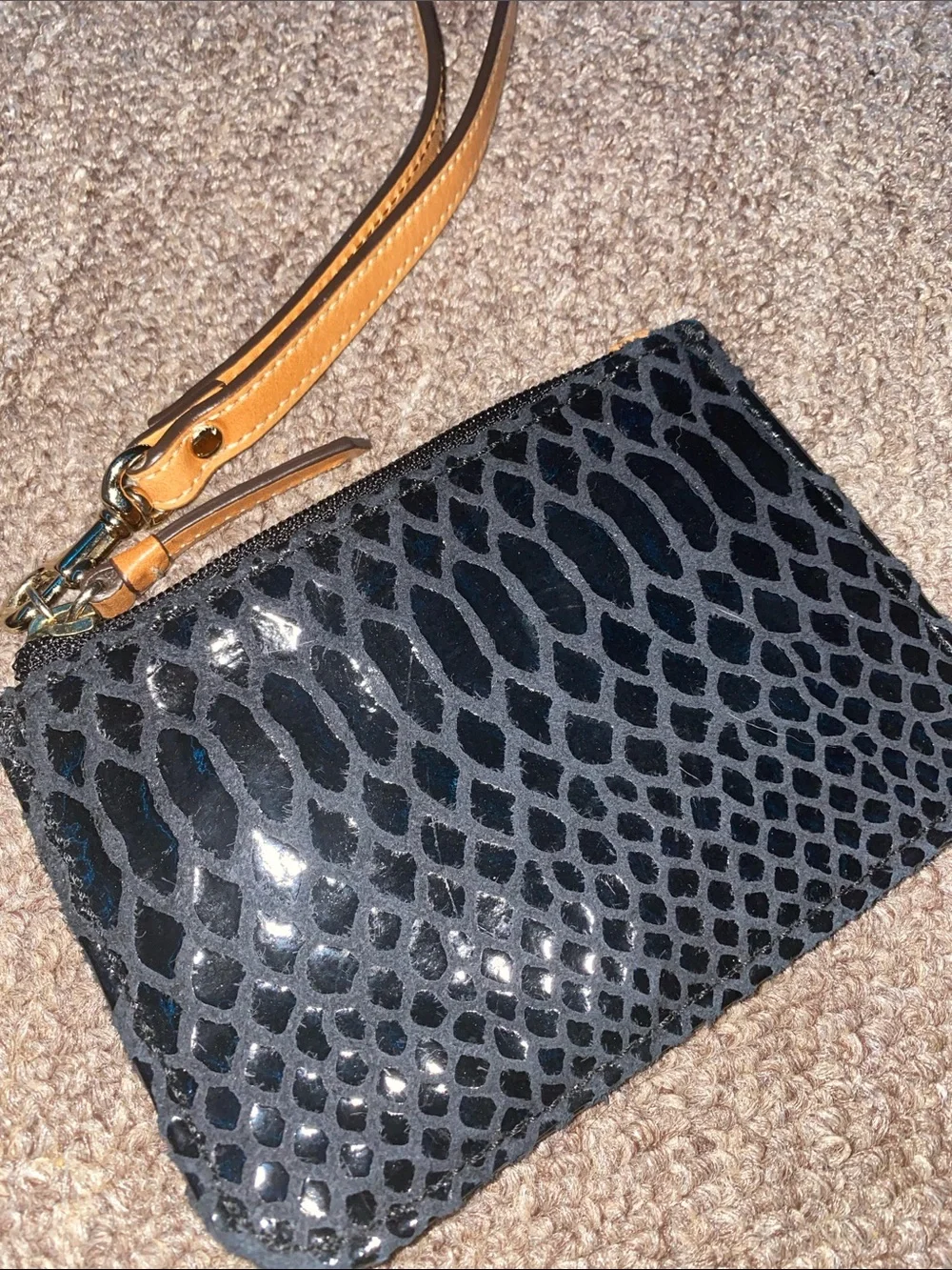 Dooney & Bourke Black Snake-Embossed Wristlet with Tan Trim